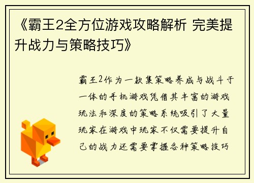《霸王2全方位游戏攻略解析 完美提升战力与策略技巧》